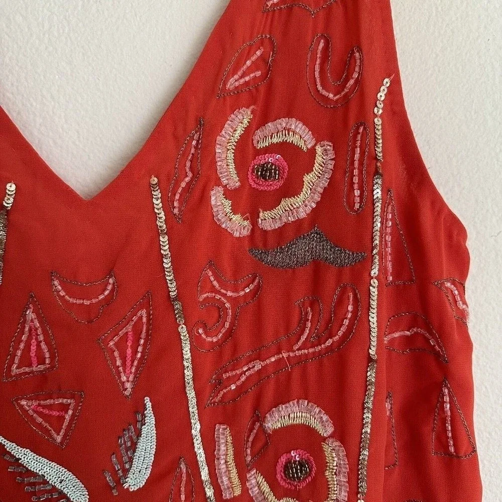Free People Mini Dress Women XS Red Beaded Sequin‎ Boho Shift OB334008